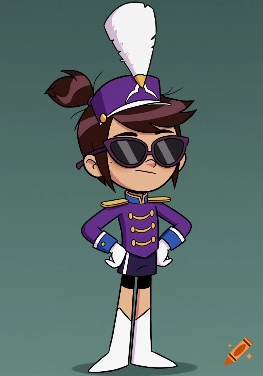 Cartoon character Molly McGee in purple marching band uniform and sunglasses