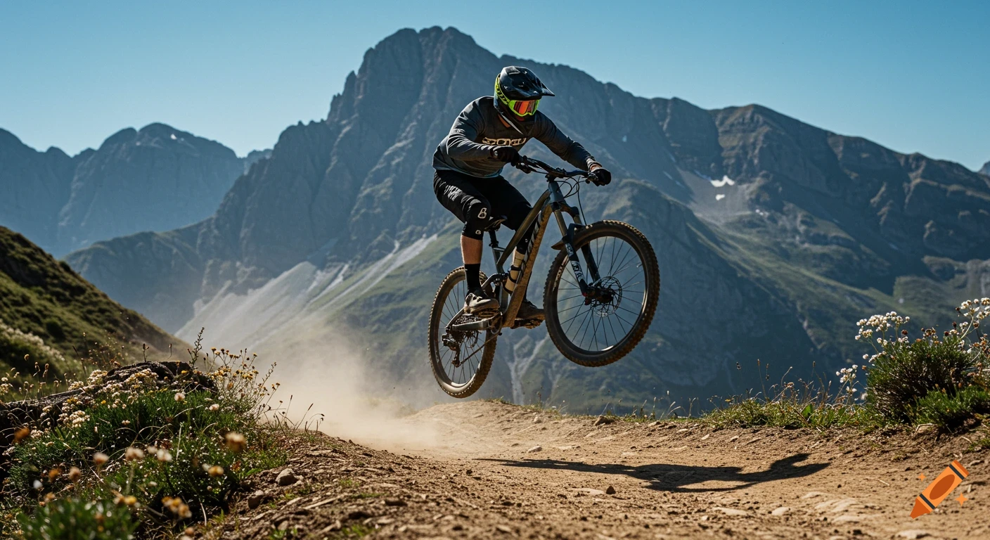Mountain biker jumps over a dirt trail with mountains in the background.