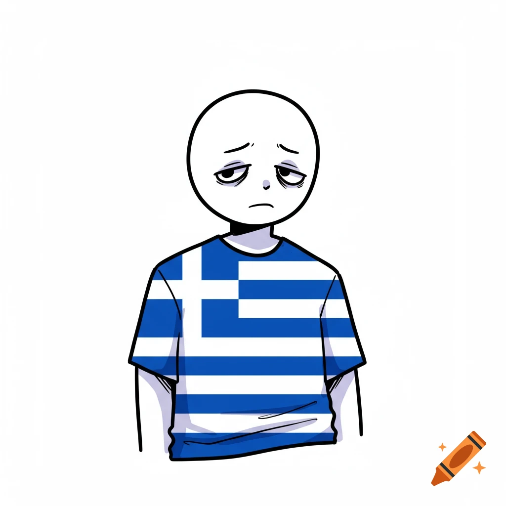 Simple cartoon of a sad stick figure person wearing a Greek flag t-shirt.