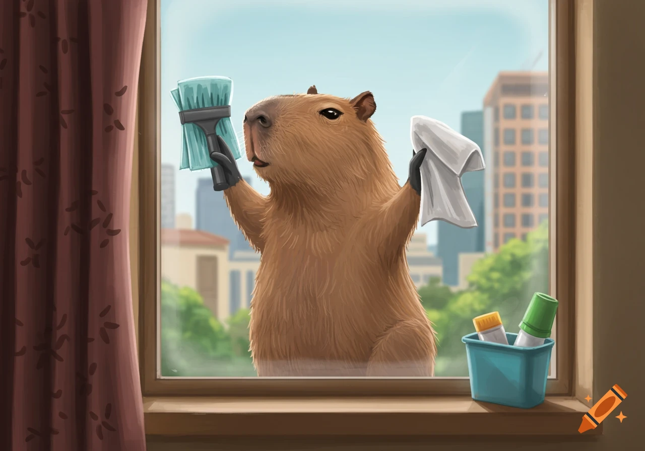 A capybara uses a squeegee and cloth to clean a window overlooking a city.