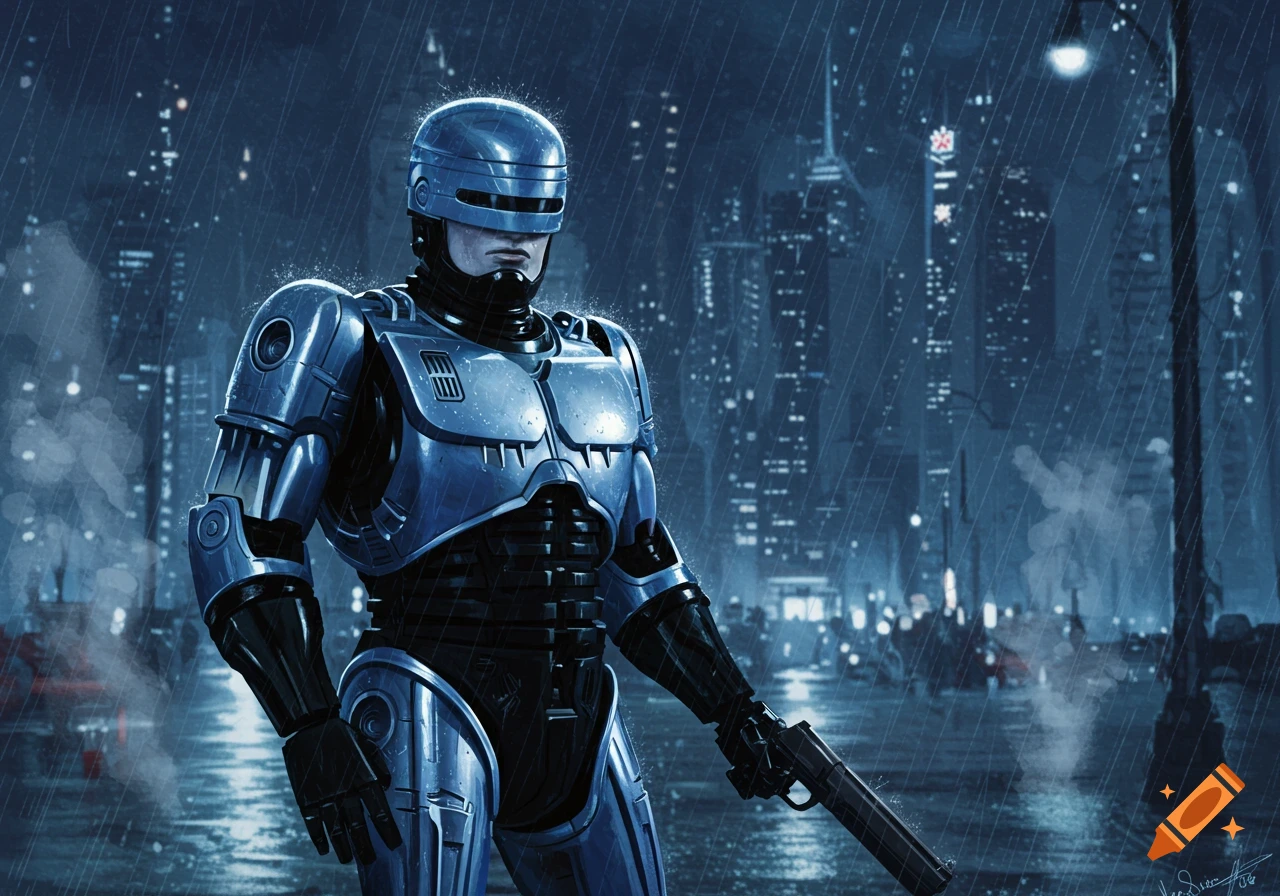 Robocop stands in a rainy cityscape, holding a gun.