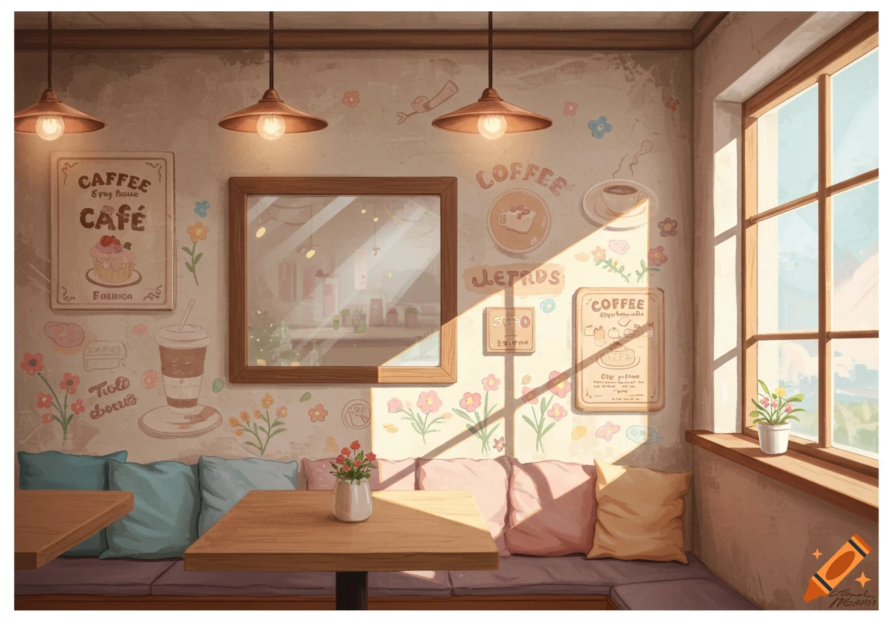 A cozy cafe interior with decorative wall art, tables, cushions, and sunlight streaming through a window.