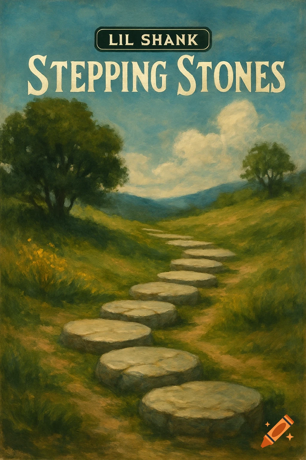 Painting of stepping stones winding up a grassy hill, with text 'LIL SHANK STEPPING STONES' above.