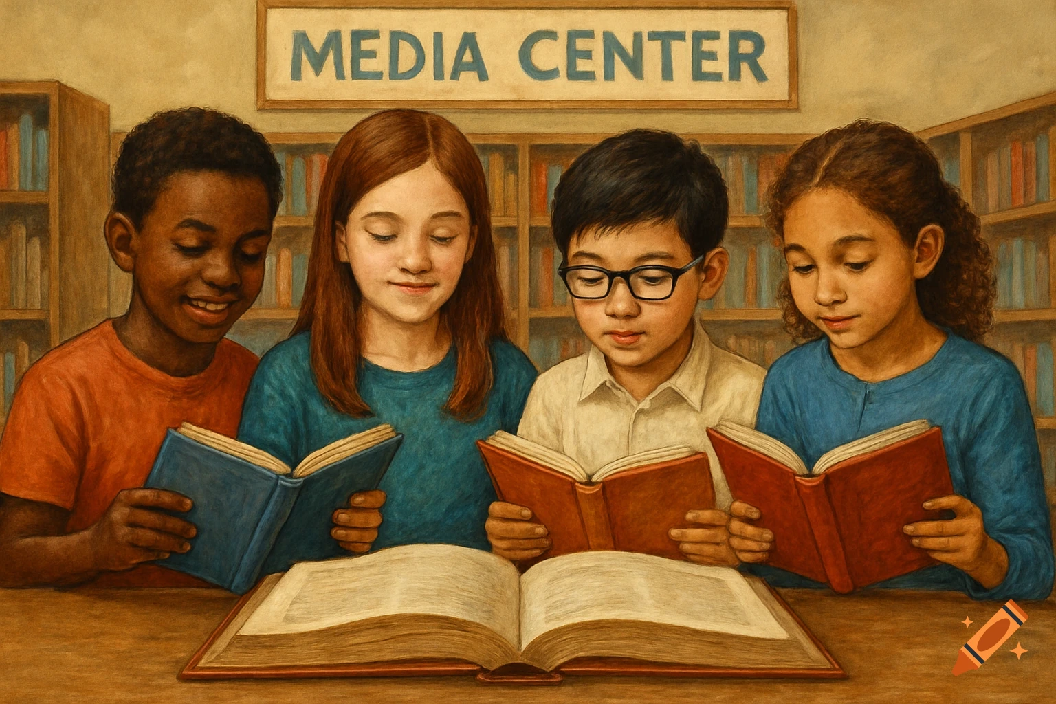 Children of various ethnicities read books in a library. Illustration.