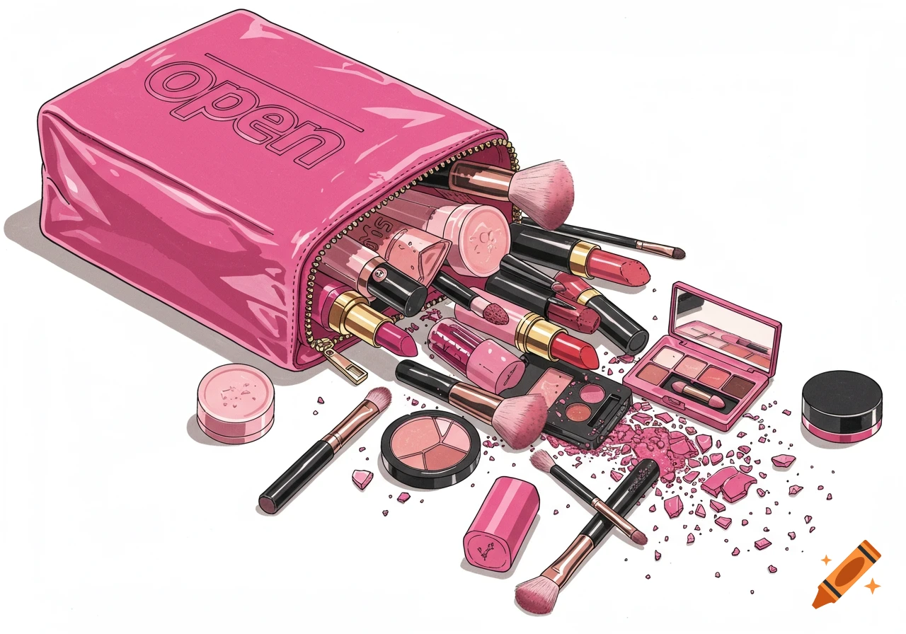 Illustration of a pink makeup bag tipped over with various makeup items spilling out.