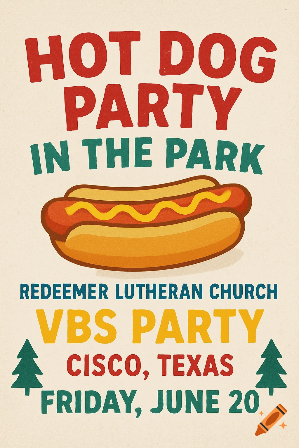 A retro-style flyer advertising a hot dog party with an illustration of a hot dog.