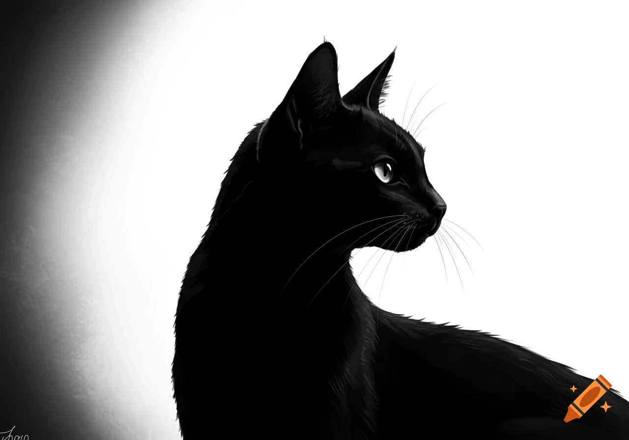 A black cat is depicted in profile facing right against a bright white background in a black and white digital painting.