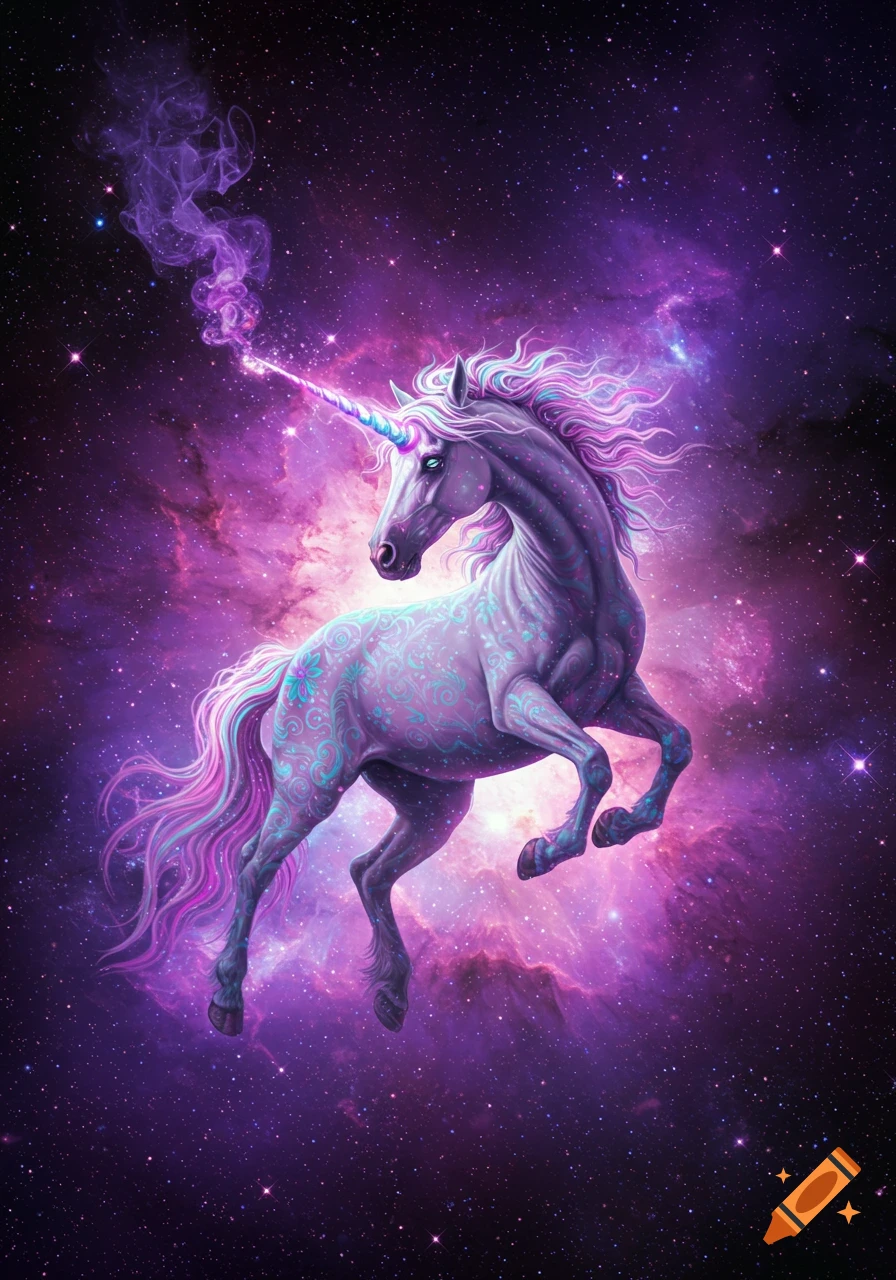Fantasy illustration of a unicorn galloping through a purple galaxy, emitting purple smoke from its horn.