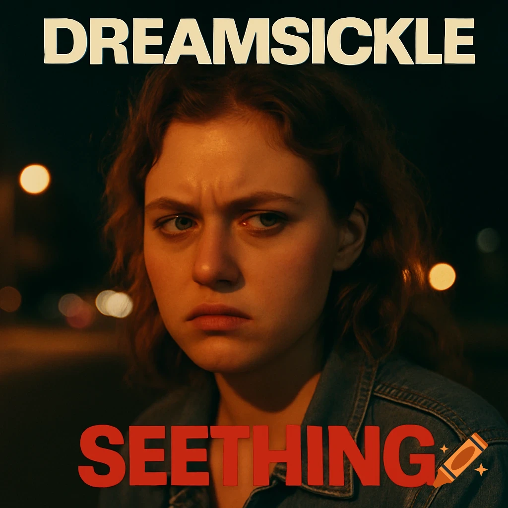 Close-up portrait of a distressed woman with 'DREAMSICKLE SEETHING' text overlay, hyper-realistic cinematic style.