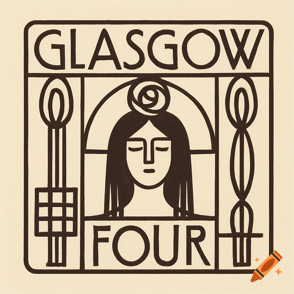 Black and white logo in Art Nouveau style featuring a stylized face with a rose above it, framed by vertical designs and the text "GLASGOW FOUR".