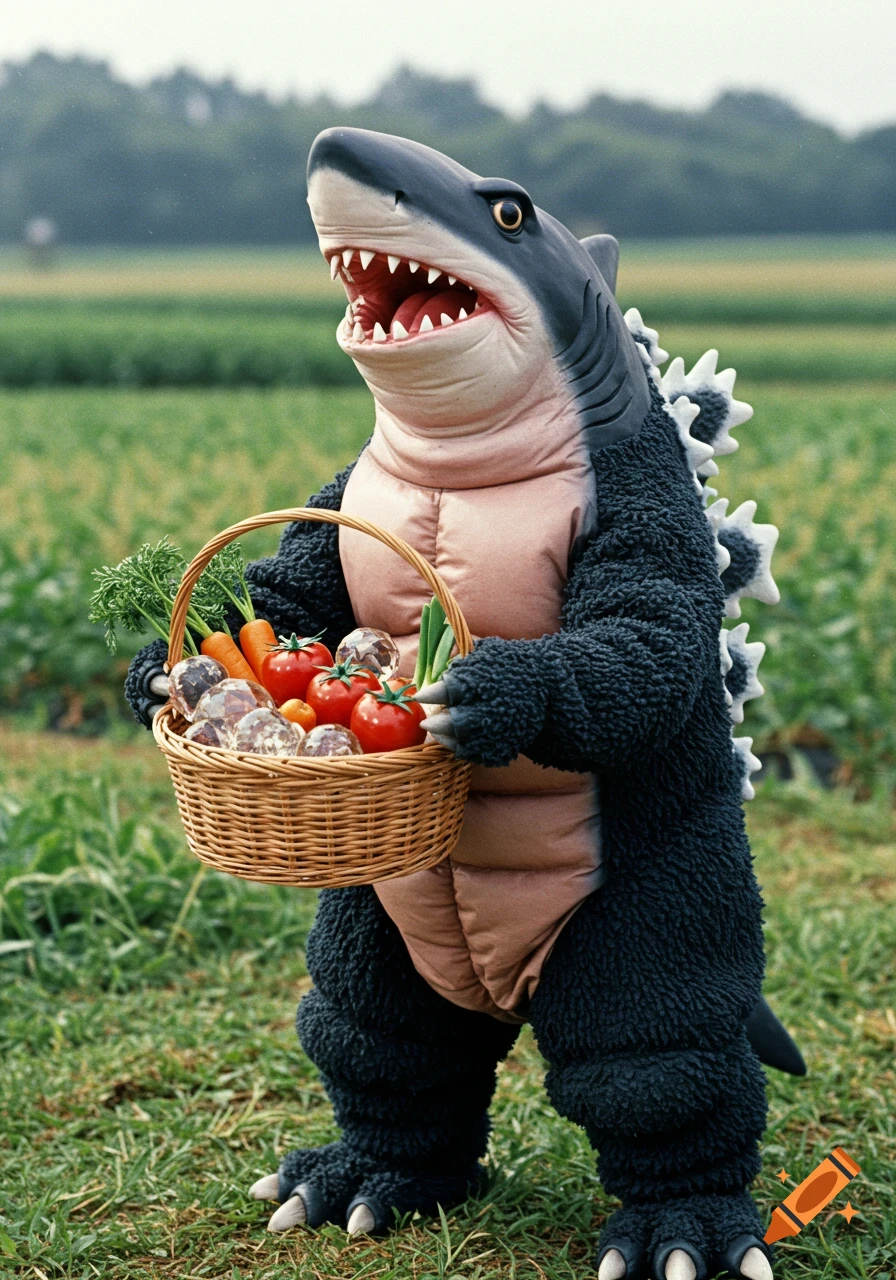 An anthropomorphic shark wearing a Godzilla suit holds a basket of vegetables in a field.
