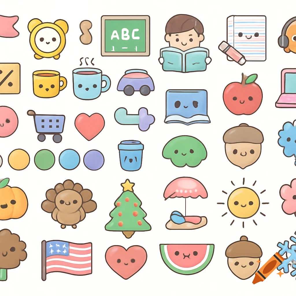 A collection of cute kawaii-style planner stickers featuring various icons like a clock, blackboard, book, apple, heart, shopping cart, car, plane, drinks, seasons, and holidays.