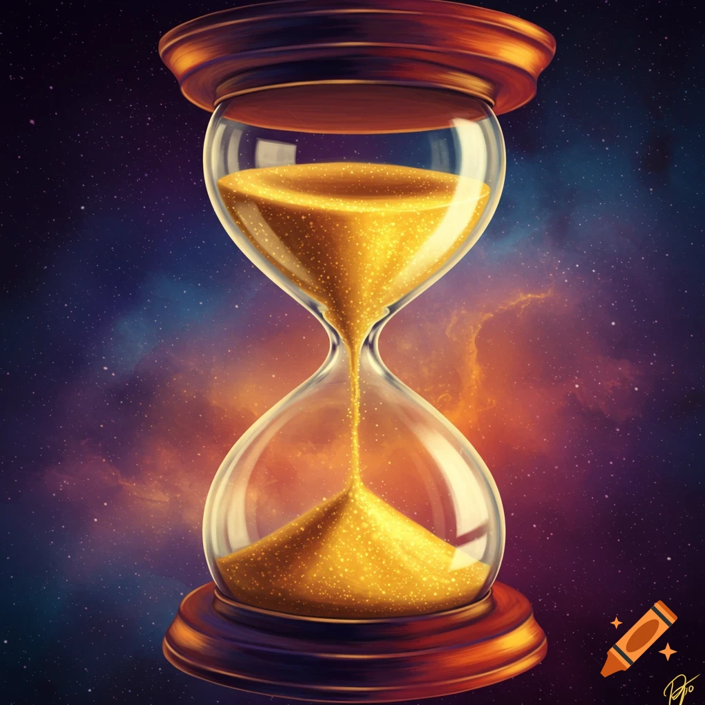 An hourglass filled with glittering golden sand against a starry galaxy background.