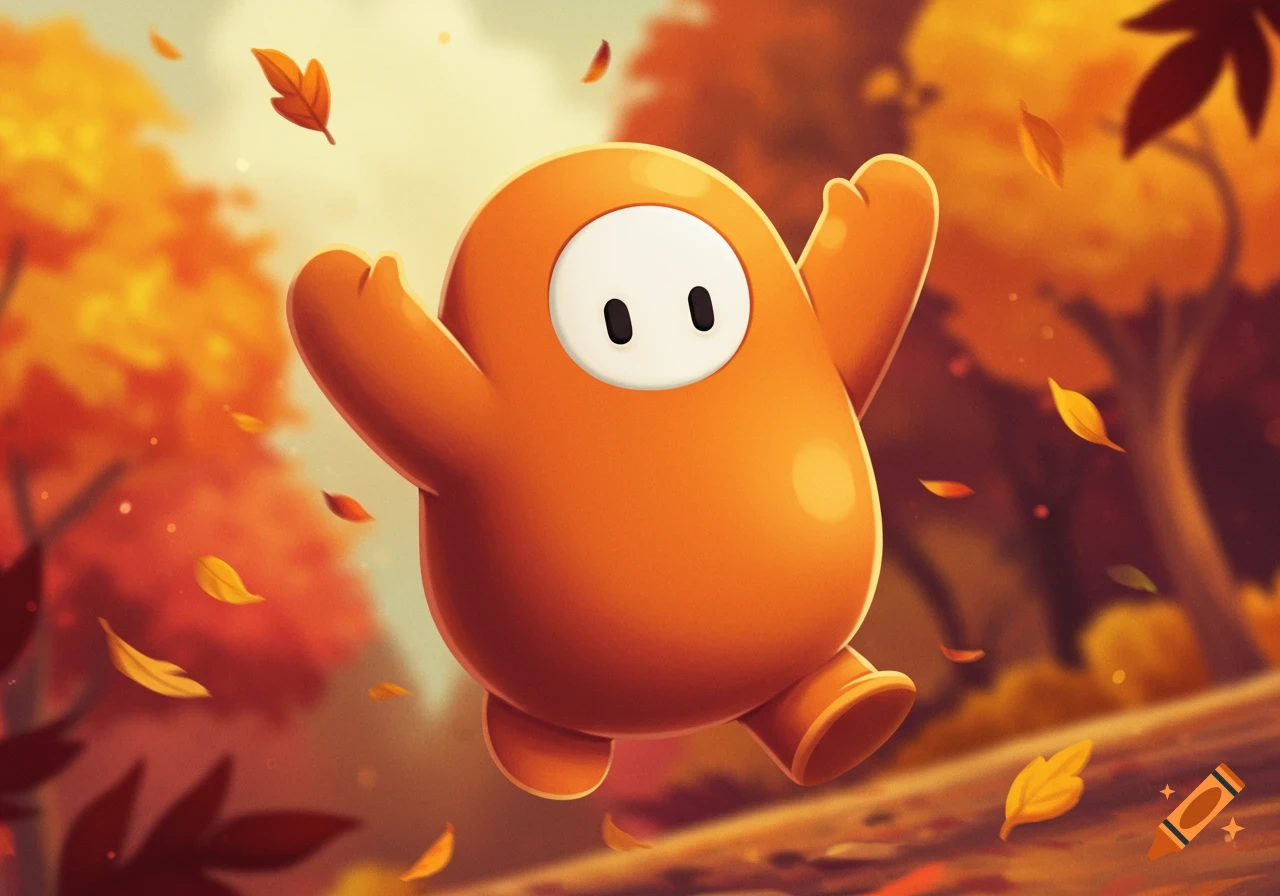 An orange Fall Guy character jumping in an autumn forest with falling leaves.