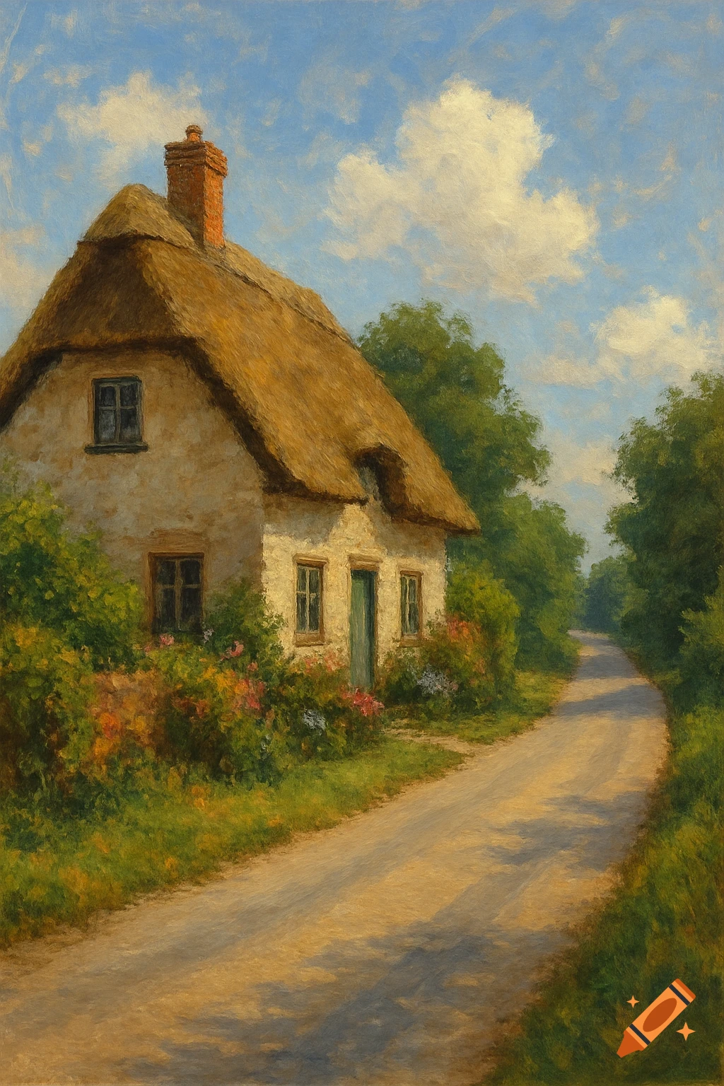 Painting of a thatched cottage on a winding country road under a cloudy sky.