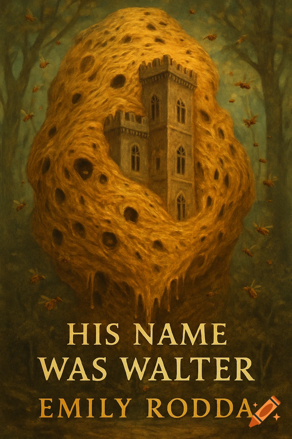 Painted image of a tower covered in a giant beehive with bees flying around. Text reads 'HIS NAME WAS WALTER EMILY RODDA'.