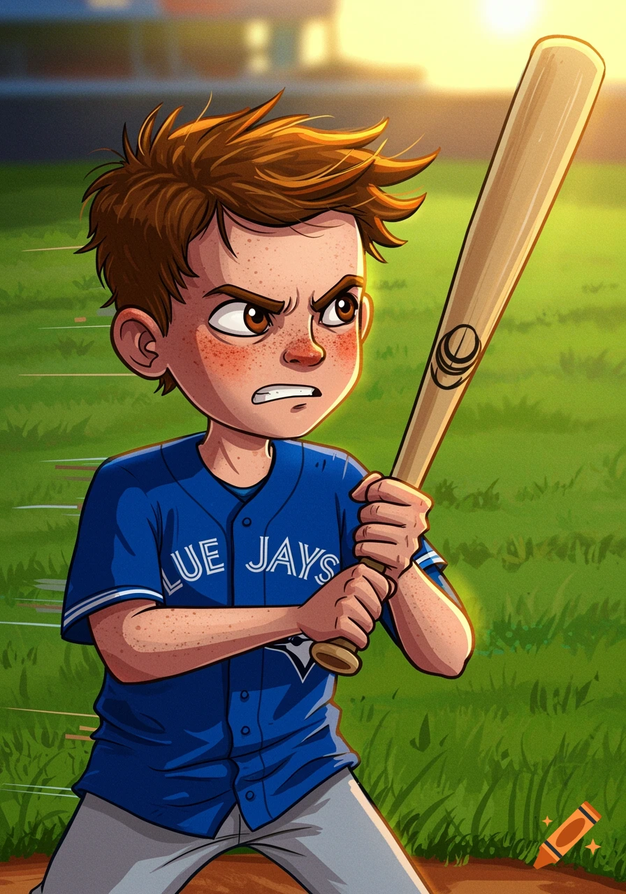 Cartoon illustration of an intense boy in a Blue Jays baseball uniform holding a bat, ready to swing.