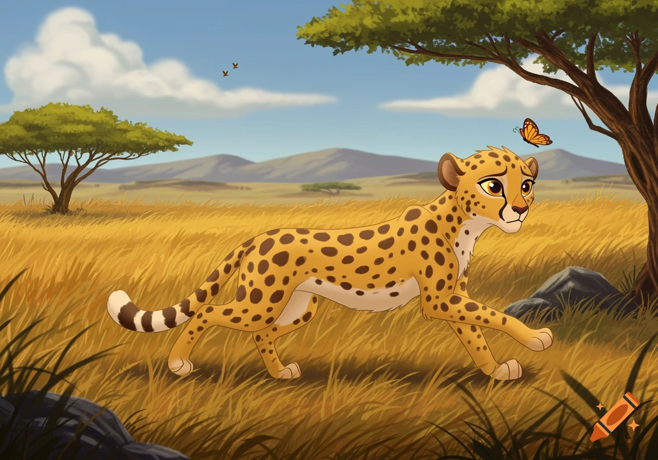 A cartoon cheetah looks at a butterfly in an African savanna.