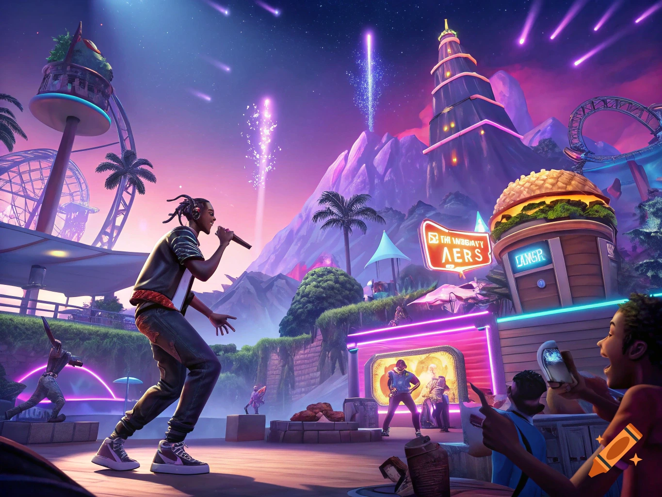 A person sings on stage at a futuristic outdoor concert in an amusement park, with mountains and fireworks in the background, video game style.