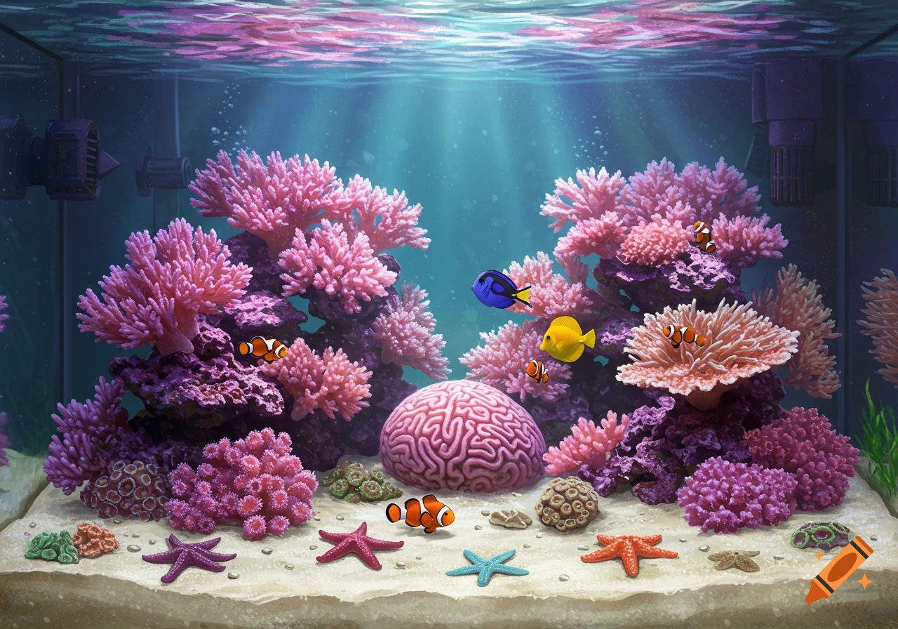 A vibrant reef tank aquarium filled with colorful fish, coral, and starfish.