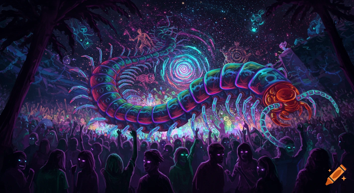 A massive neon centipede looms over a dark, psychedelic night party crowd with glowing eyes.