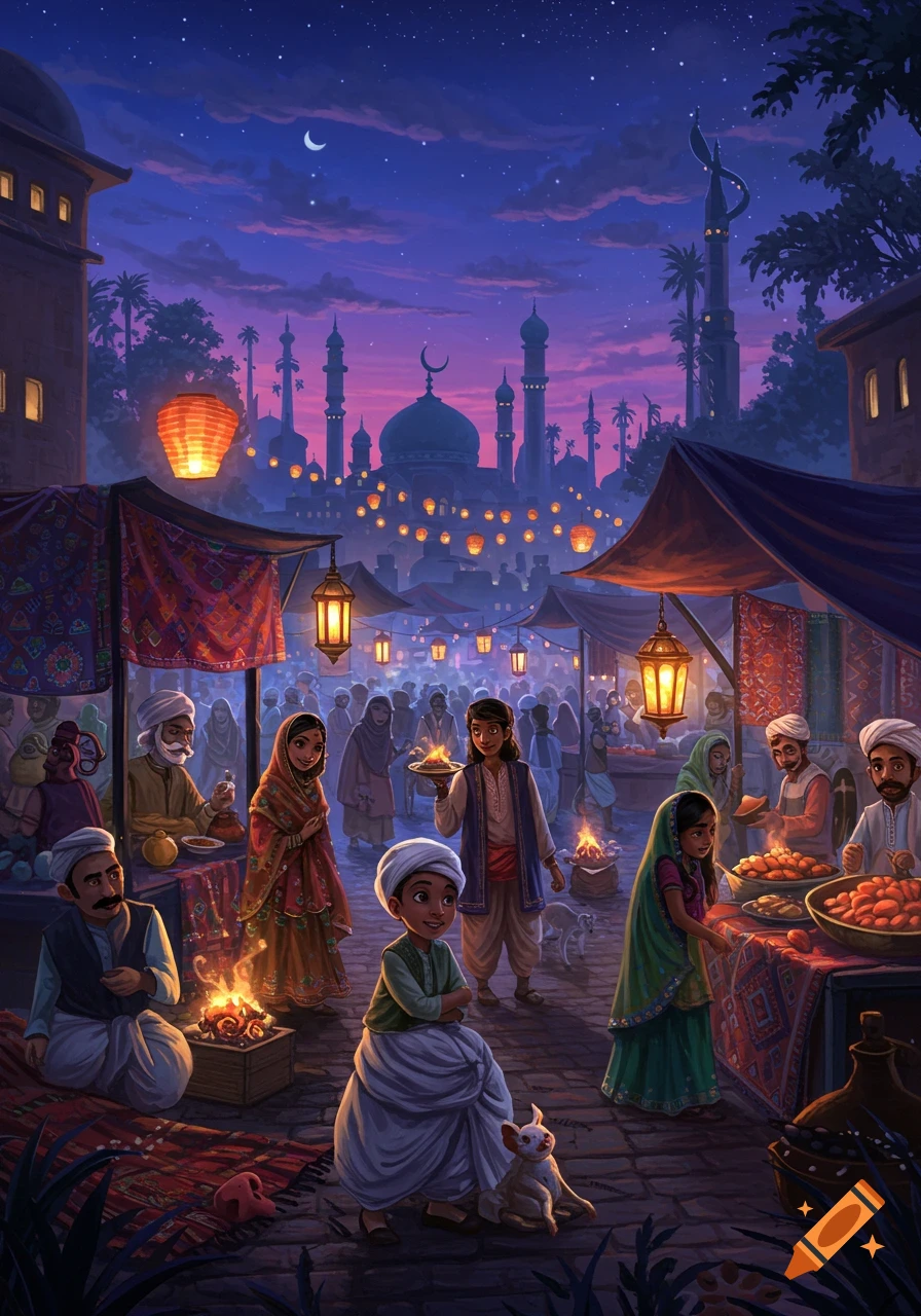 Illustration of a vibrant nighttime market scene with people, lanterns, and a mosque silhouette.