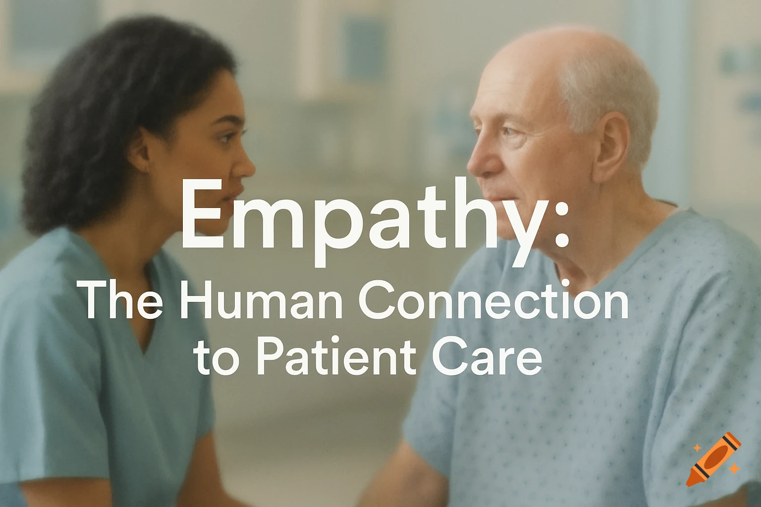 A healthcare worker talks to an elderly patient in a medical setting, with text overlay 'Empathy: The Human Connection to Patient Care'.