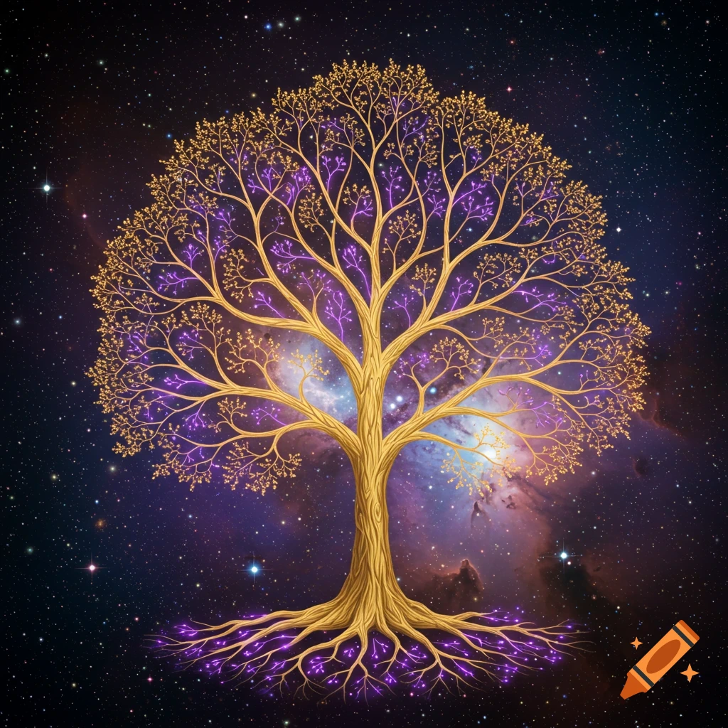 An elegant golden tree with glowing purple roots and branches stands against a cosmic galaxy background.