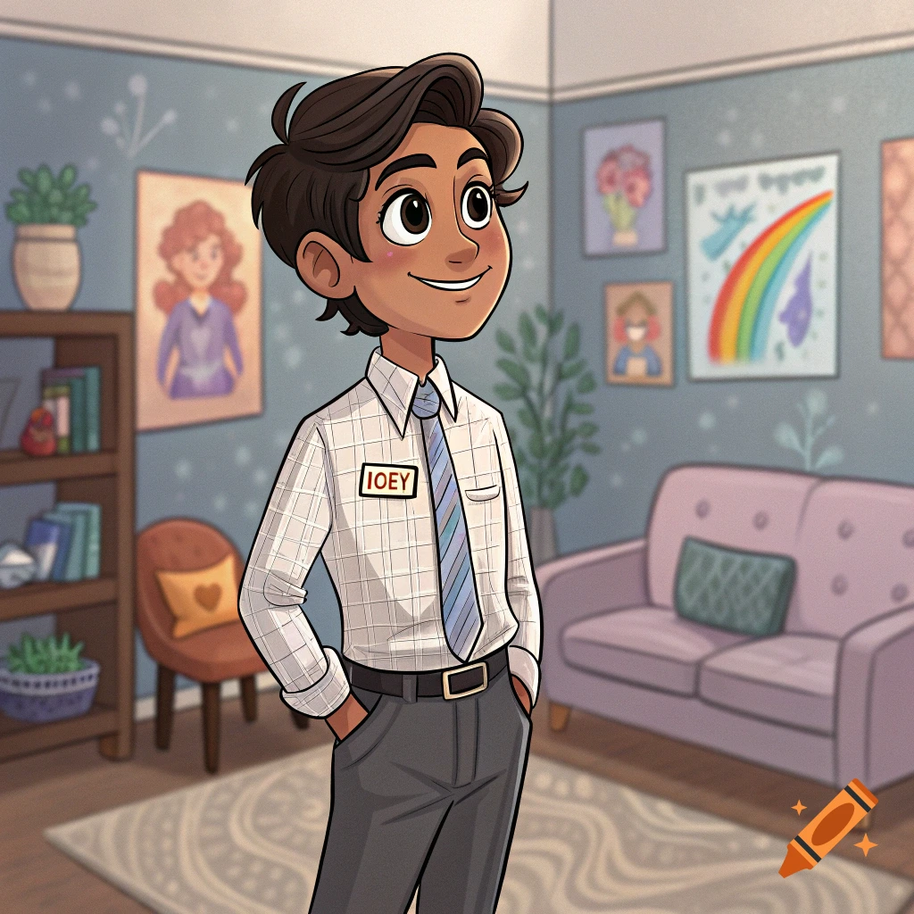Cartoon illustration of a person wearing a name tag and tie, standing in a room with plants, a bookshelf, and framed pictures.