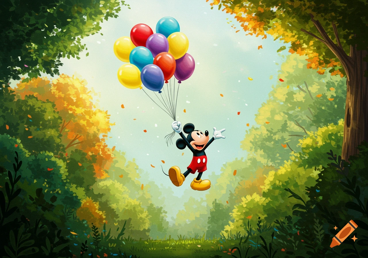Mickey Mouse floats holding colorful balloons in an autumnal forest illustration.