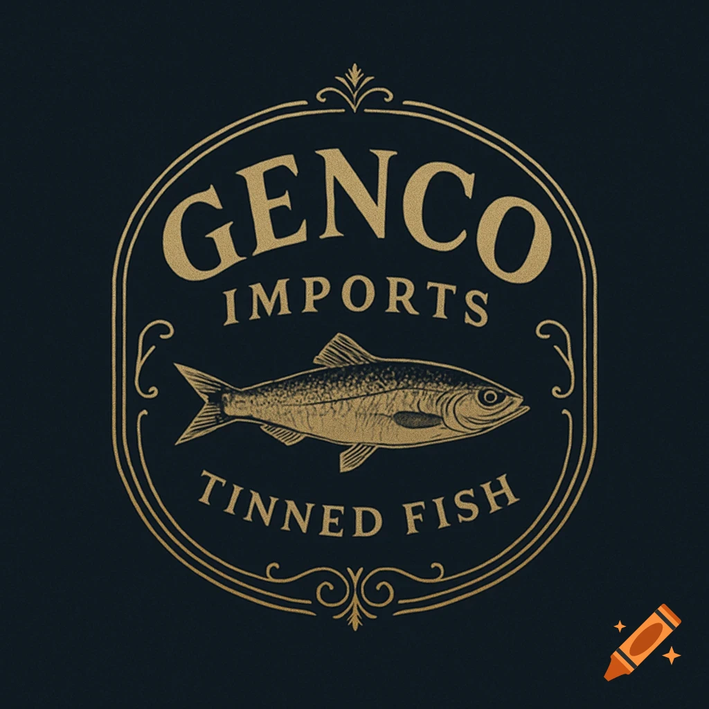 Vintage-style logo for Genco Imports Tinned Fish with a fish illustration.
