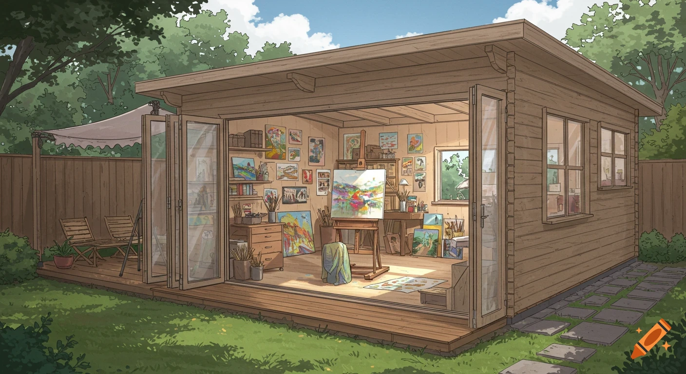 Illustrated view of a garden shed art studio with open doors, easel, paintings, and outdoor seating on a deck.