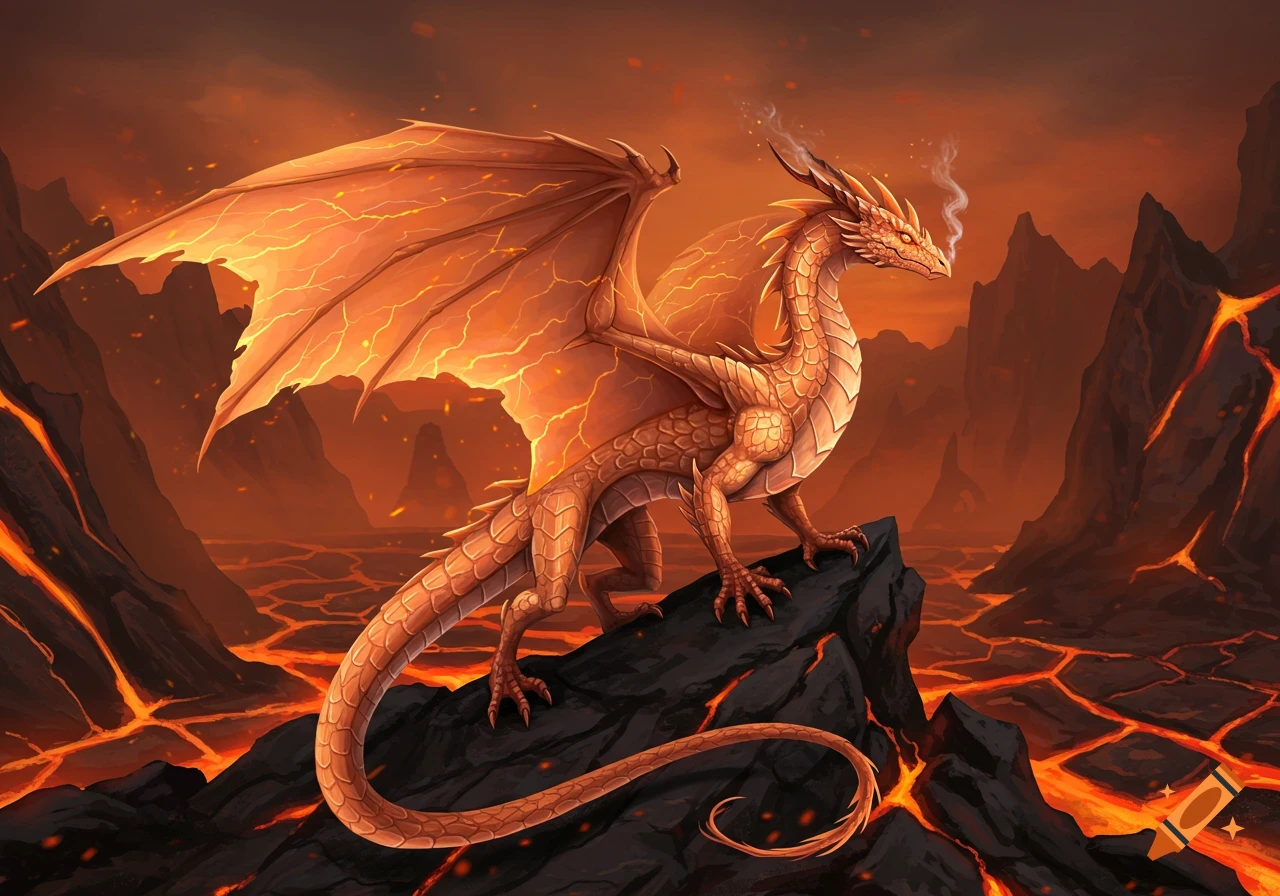 A golden fantasy dragon perches on a rock in a volcanic landscape with lava flows.