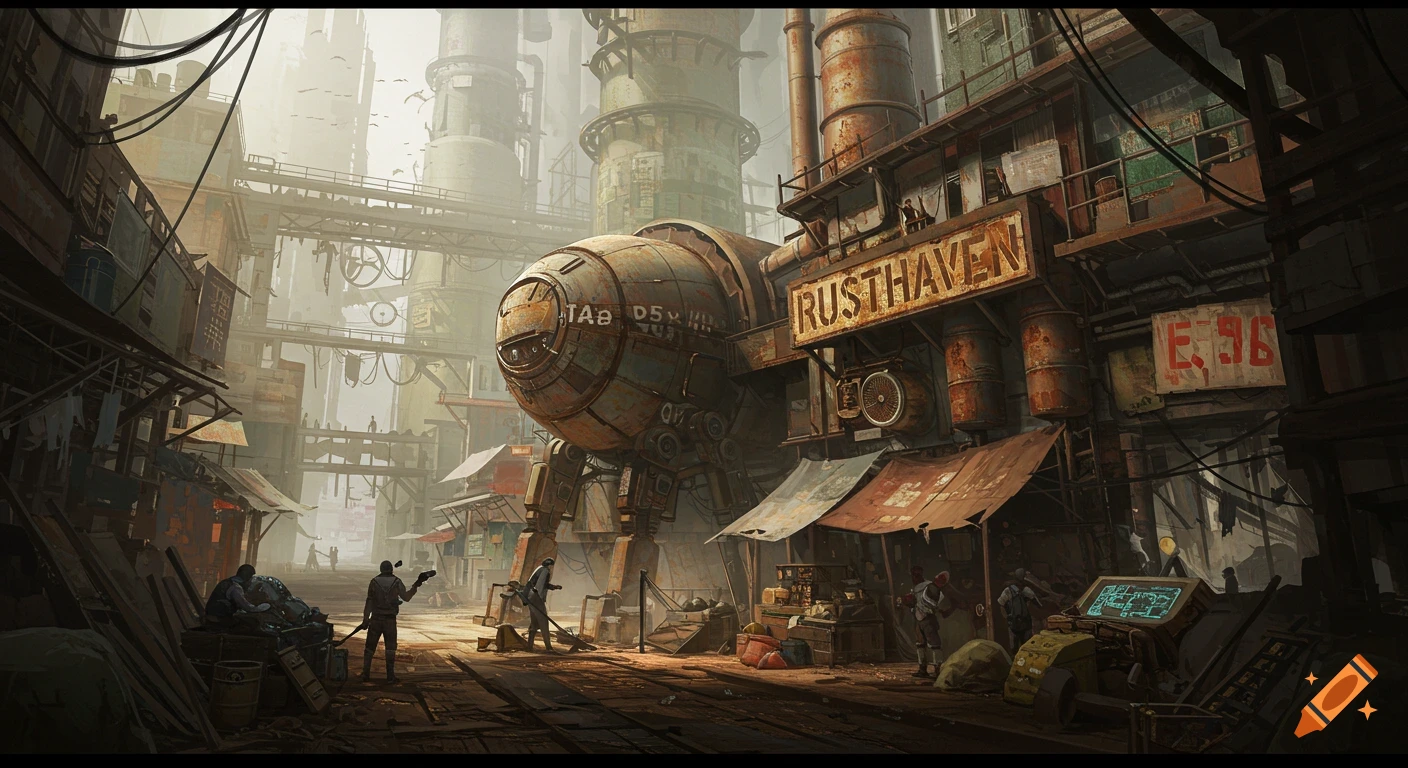 Detailed concept art of a rusty industrial slum called Rusthaven with large machinery, figures, and stalls on a dusty street.