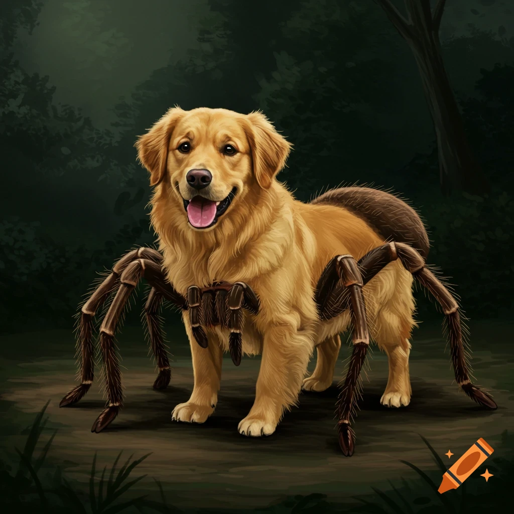 Digital painting of a golden retriever dog body with spider legs and abdomen standing in a forest.