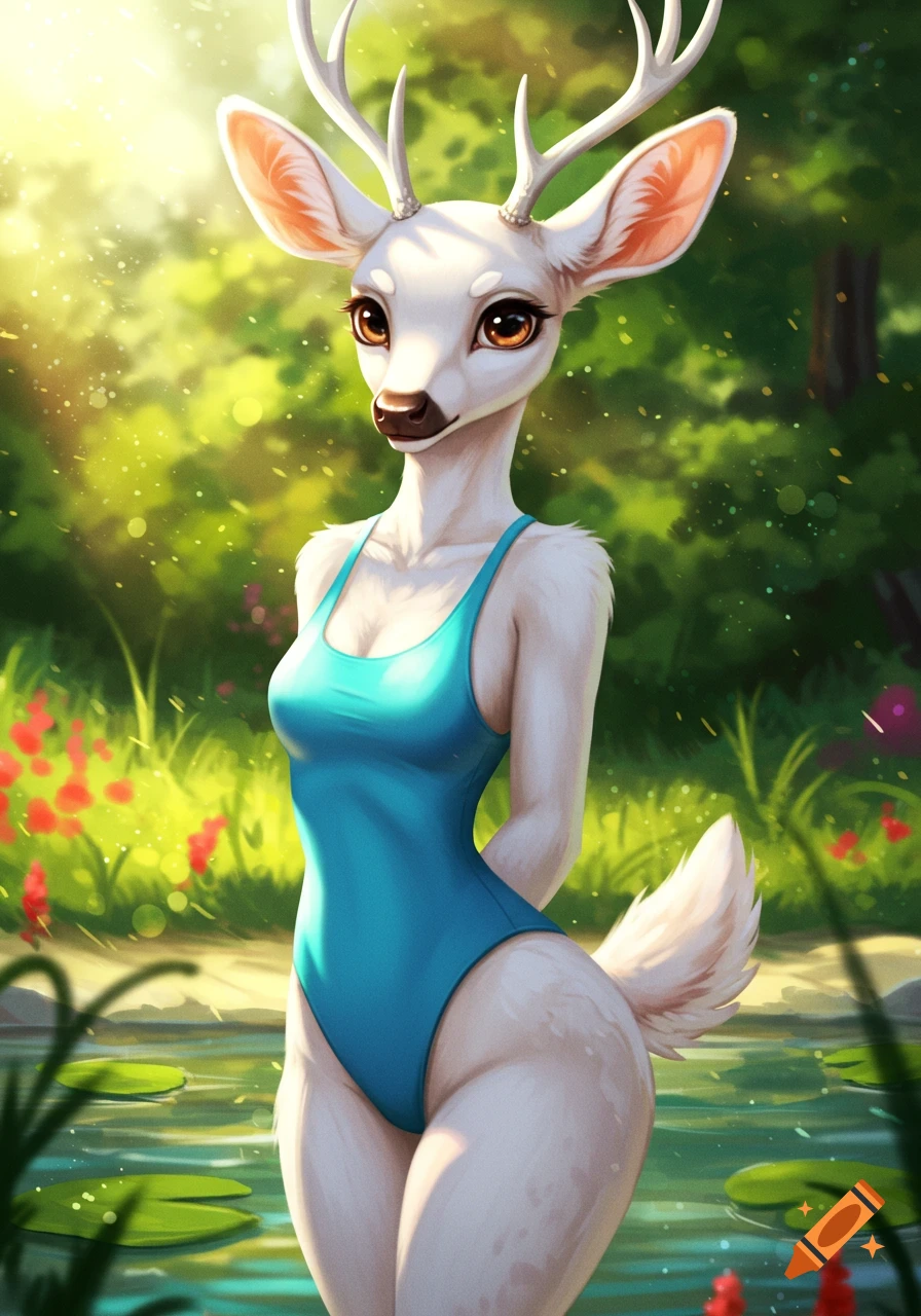 Anthropomorphic white deer in a blue swimsuit standing by water in a sunny forest.