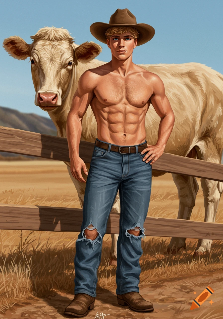 Illustration of a muscular cowboy in jeans and hat standing next to a cow in a field.