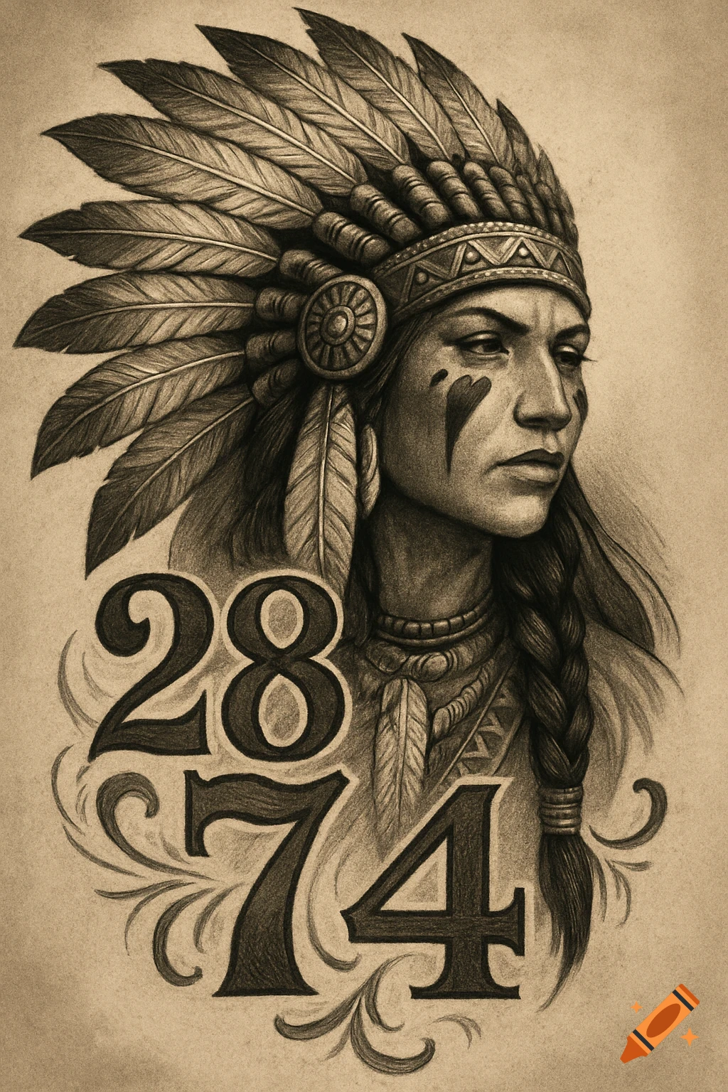 Sketch of person in Native American headdress with numbers 28, 7, and 4