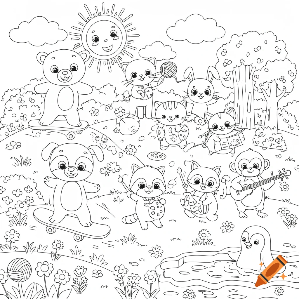Black and white coloring page of cute cartoon animals playing in a park, including skateboarding, playing music, and swimming.