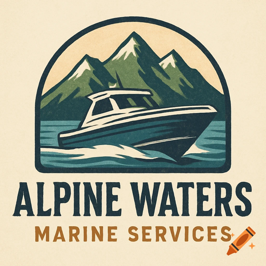 A logo featuring a boat on water with mountains in the background and the text "Alpine Waters Marine Services".