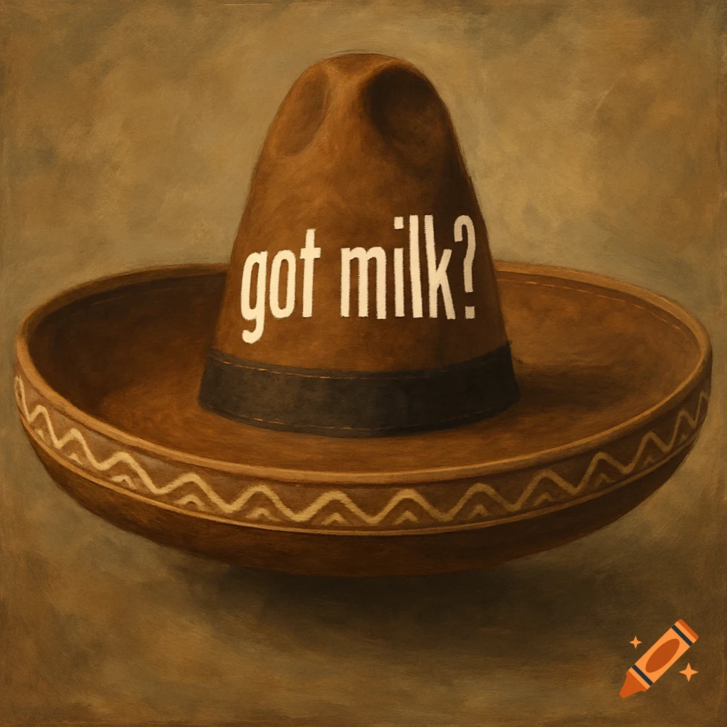 Painting of a brown sombrero with the text 'got milk?' on the crown.