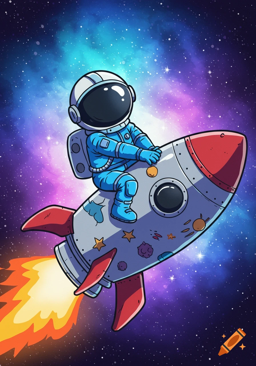 Cartoon astronaut rides a rocket through a colorful space nebula.