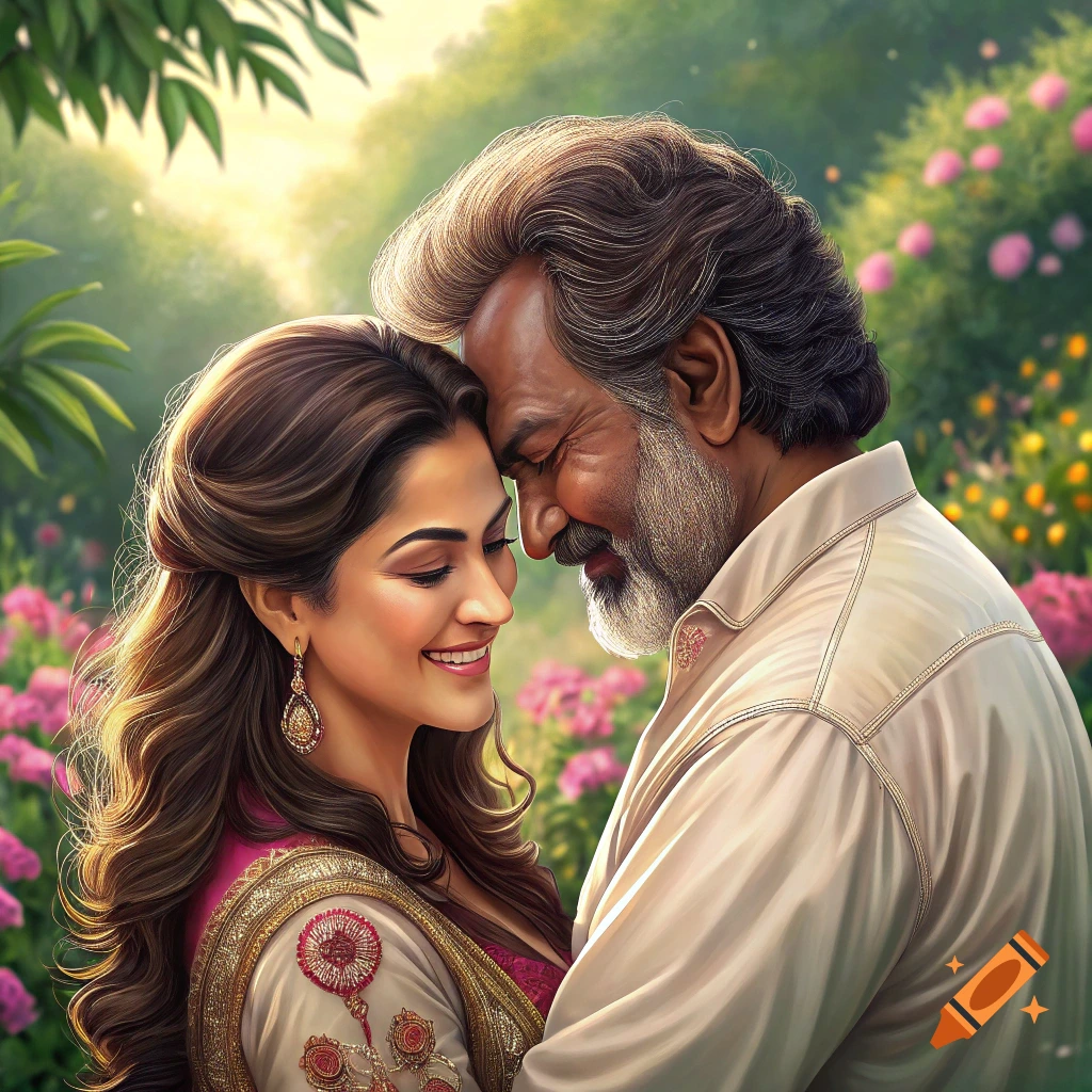 A couple embraces in a lush garden in a digital painting.