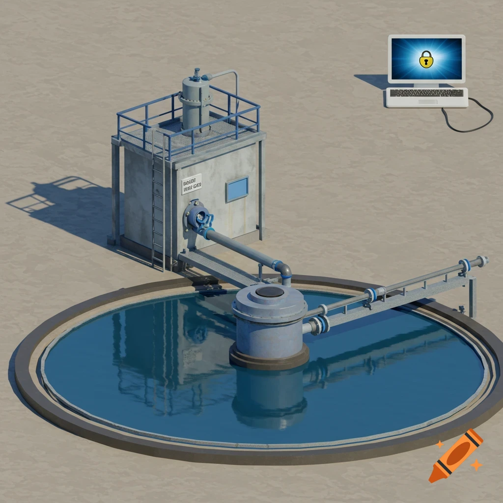 A 3D render of a water treatment plant next to a laptop displaying a security lock icon.