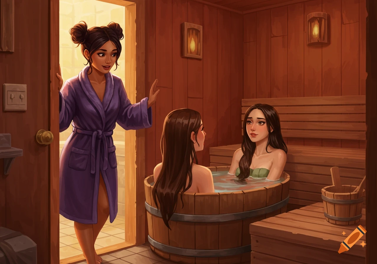 Digital illustration of three women in a sauna, two in a tub, one in a purple bathrobe at the door.