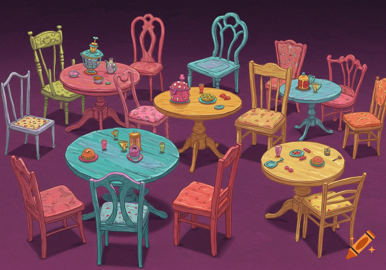 Whimsical illustration of colorful tables and chairs set for a tea party.