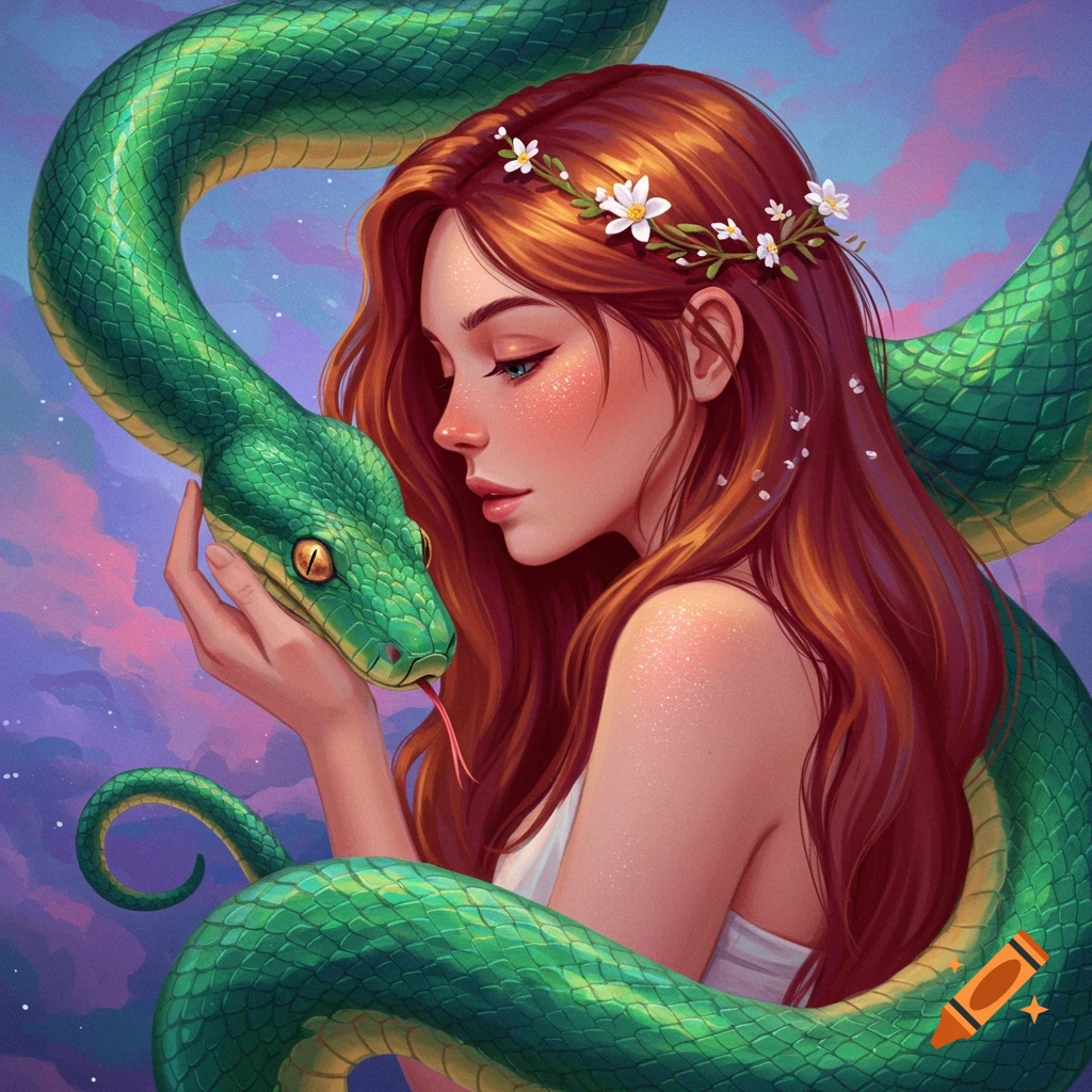 A woman with long red hair and flowers in her hair holds a large green snake against a cloudy sky.