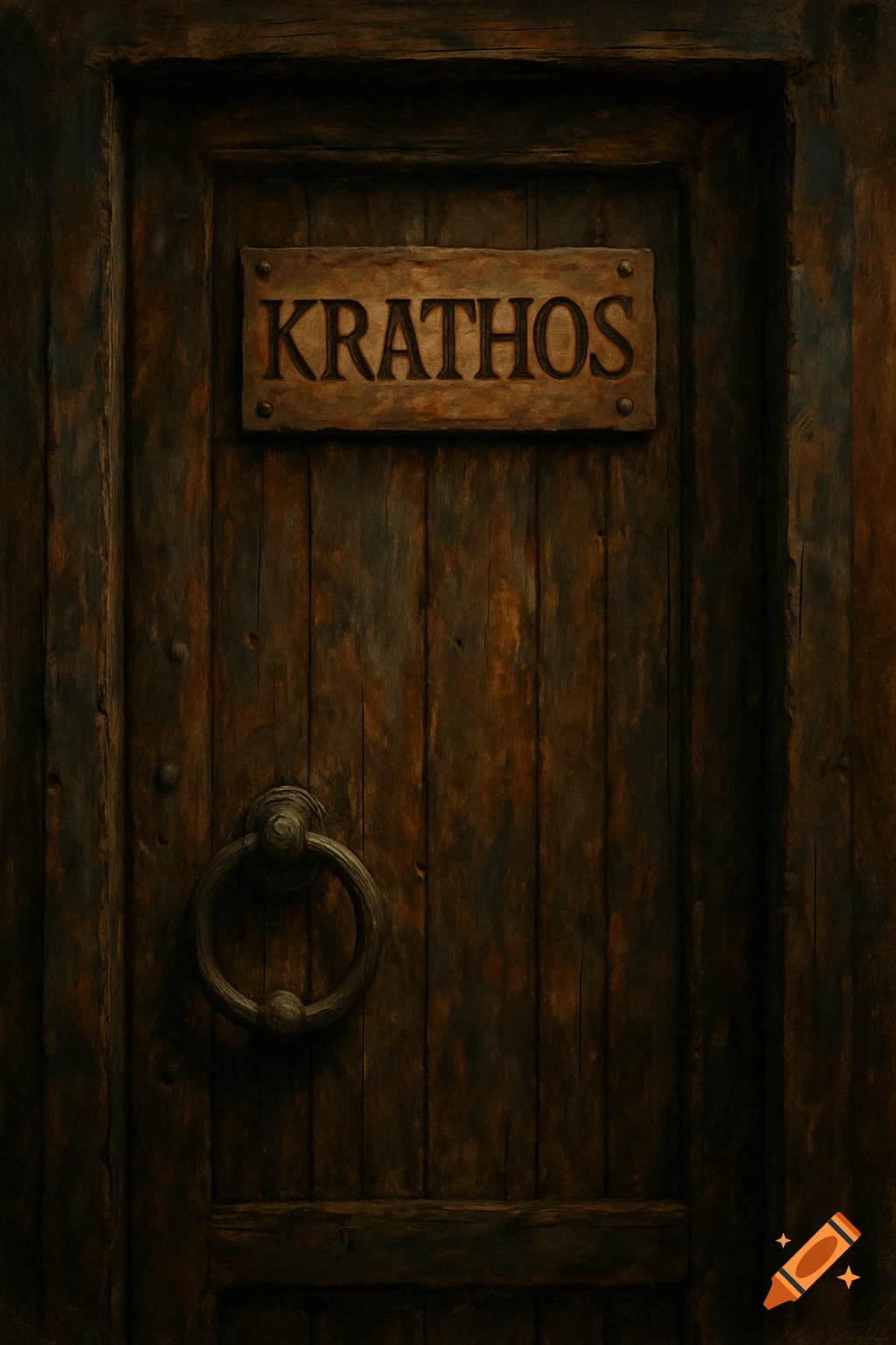 Rustic wooden door with a ring handle and a sign reading KRATHOS