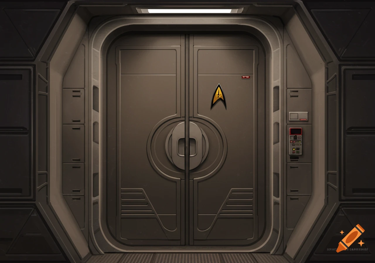 A view of a closed sci-fi hallway door featuring a Starfleet delta logo and a control panel.