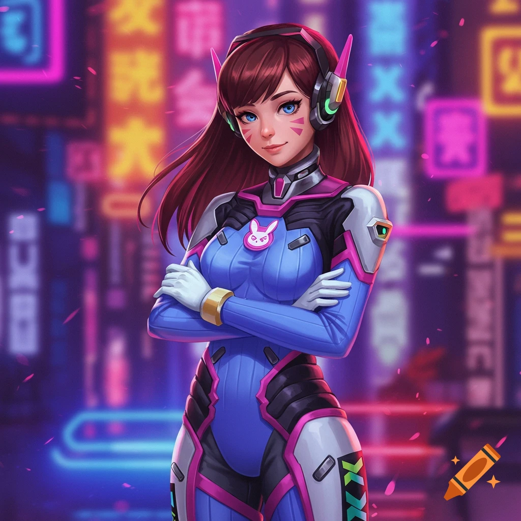 Anime illustration of D.va in her blue and pink suit with arms crossed in a neon city.